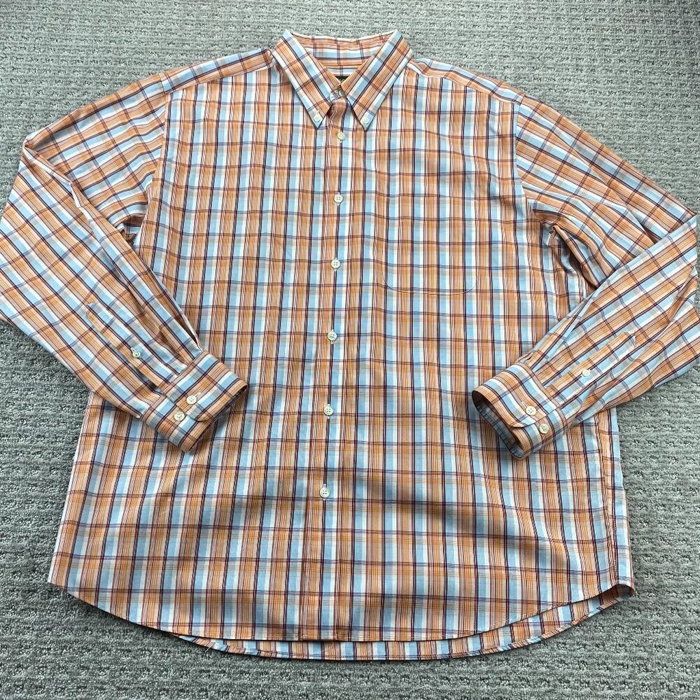 Eddie Bauer Wrinkle Resistant Shirt Men Large L Orange Blue Plaid Button Down